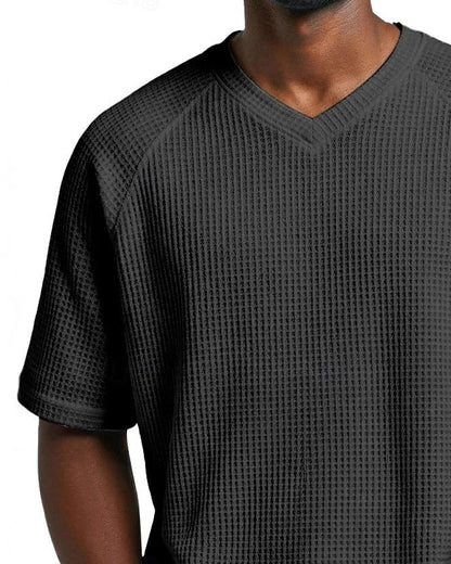 Pedro- Camiseta de cuello en V con textura acanalada para hombre, camiseta informal de manga corta lisa