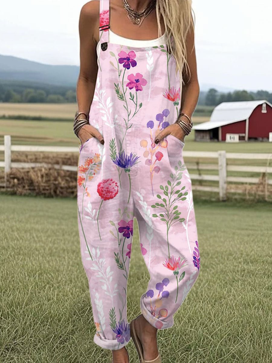 Mono de pernera ancha en algodón y lino con estampado de flor vintage
