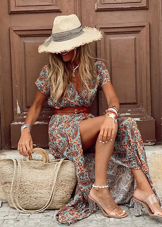 Justine-Vestido largo bohemio fluido con cinturón