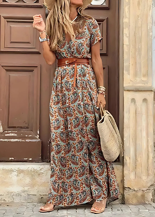 Justine-Vestido largo bohemio fluido con cinturón