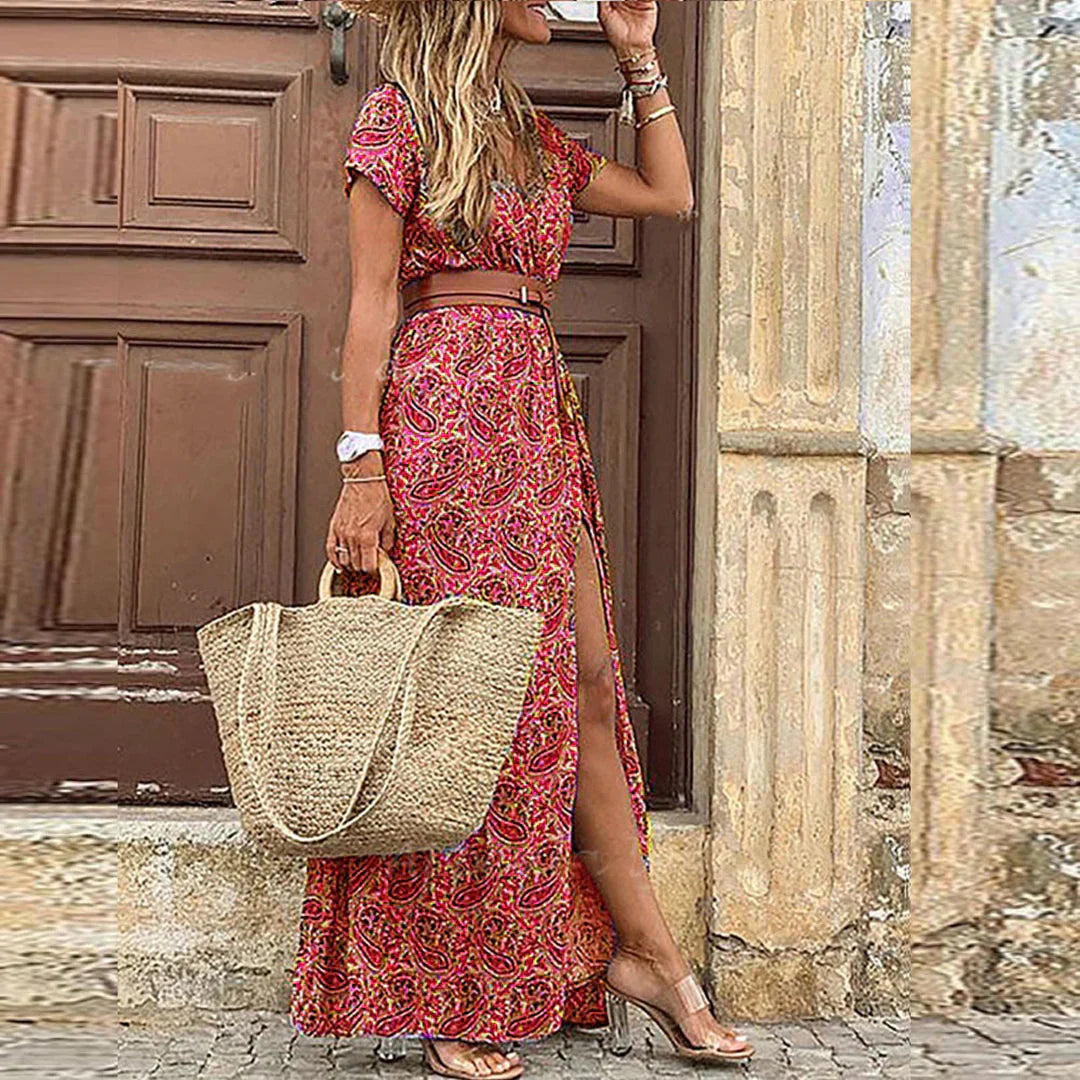 Justine-Vestido largo bohemio fluido con cinturón